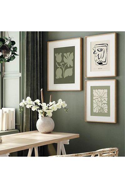 Linacci Set de 3 cadru metalic auriu din sticlă artistică verde