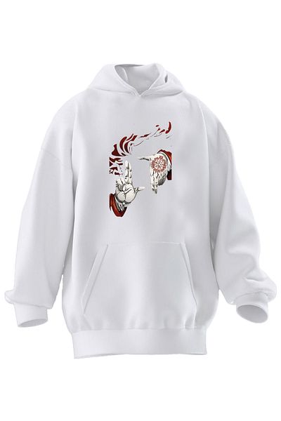 NMG TEKSTİL Λευκό φούτερ με γάντια Unisex - Κόκκινο εμπριμέ, κουκούλα με 3 νήματα