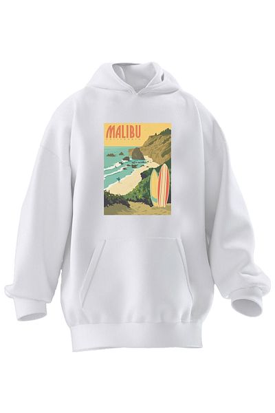 NMG TEKSTİL Φούτερ με κουκούλα Unisex Premium Βαμβακερό Λευκό Malibu Coast με στάμπα 3 νημάτων