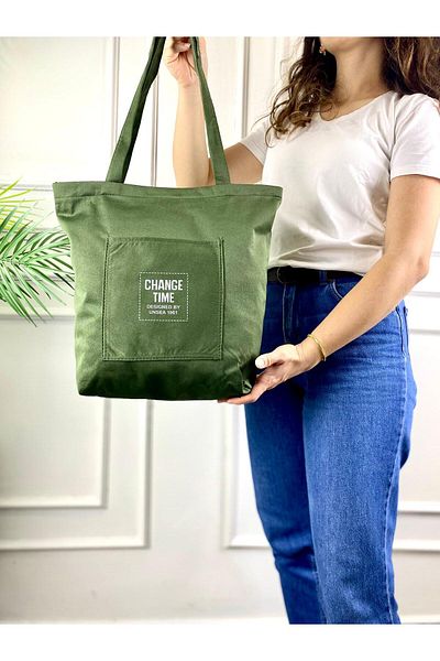 modvina Women's Cloth Bag with Zipper in Khaki Color 35X35 cm - Stylish and Practical Daily Use