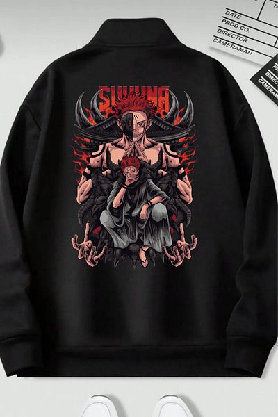 Massgai Jujutsu Kaisen Yuji Ithadori Sakuna Printed Unisex Oversize Hoodie - Φούτερ με μισό φερμουάρ
