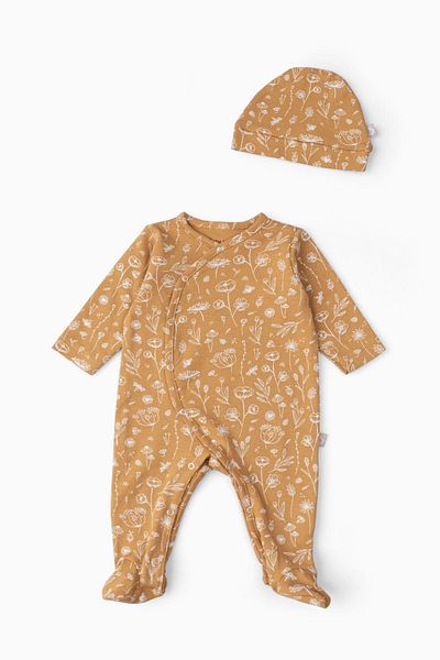 Boumini Baby Booties Jumpsuit Hat Set Spring Floral Mustard