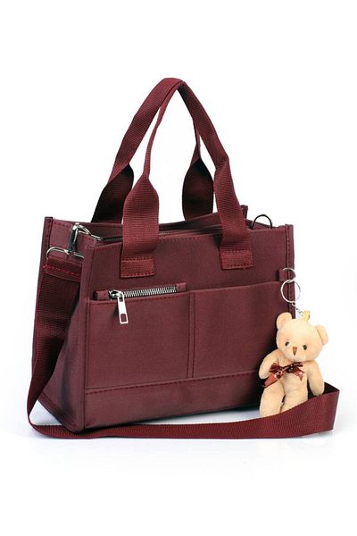 ARTON Claret Red Buzi Leather Double Pocket Teddy Bear Column Strap Shoulder Bag