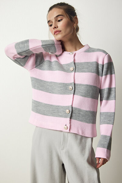 Lovelyİstanbul Stylish Buttoned Striped Knitwear Cardigan Pink Gray Lnf0021