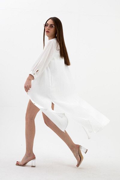 VAPUR TEKSTİL Ecru Linen Dress - Three Quarter Sleeve, Front Button and Pocket