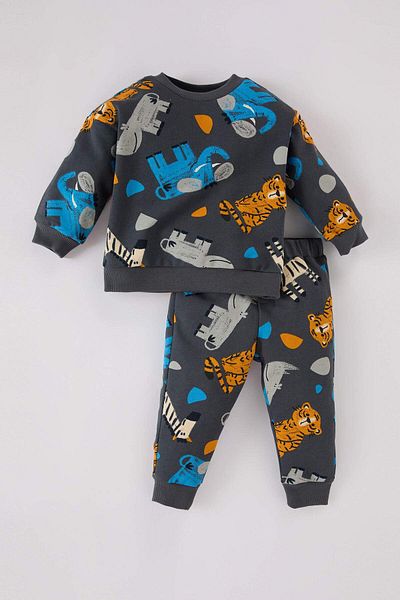DeFacto Dfc - Crew Neck Animal Patterned Sweatshirt and Elastic Waist Bottom Set of 2 for Baby Boy