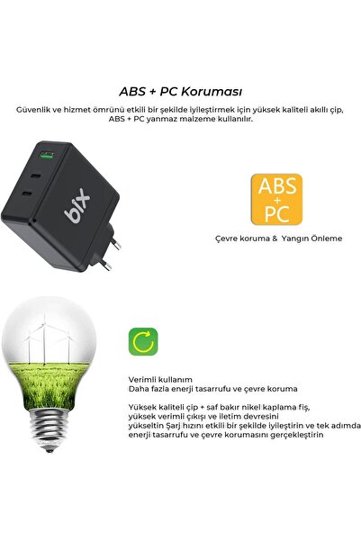 Bix 100w Usb Type-c Qc 4.0 Pd 3.0 Gan 3 Portlu Hızlı Şarj Cihazı