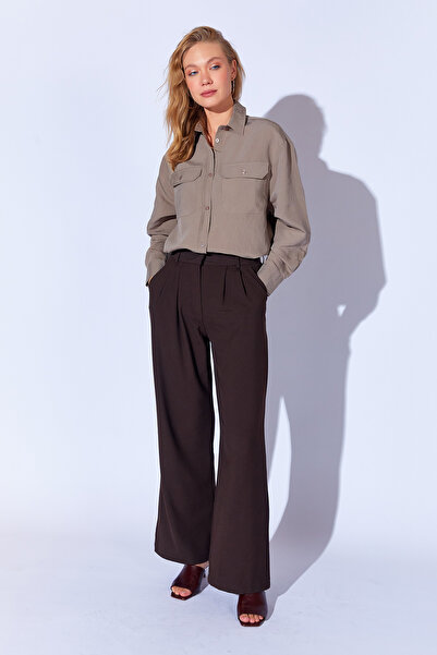 Manche Poly Viskon Sof Dokulu Likralı Palozzo Kesim Pileli Kadın Pantolon | Kahve MKW669396-01