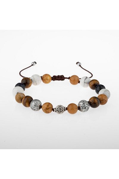 OSMANLI DOĞAL TAŞ Fossil Coral-Tiger Eye-Hawlit-Lavestone-Dumortierite Natural Stone Silver Men's Bracelet
