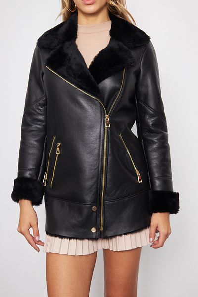 By Marki Marki Women's Black Genuine Leather Coat - 73 Cm, Genuine Fur, Gold Zipper, Fit Cut