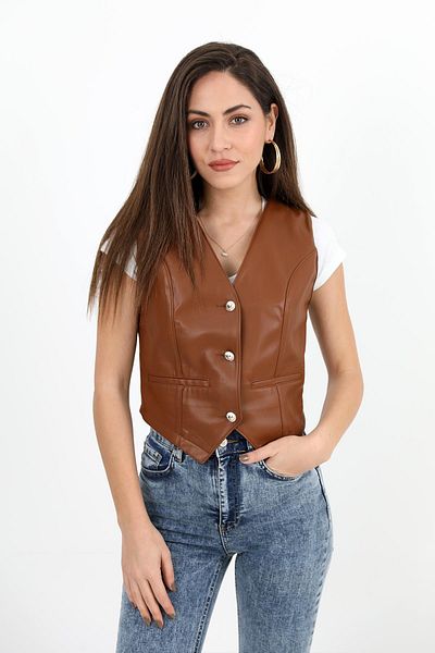 VAPUR TEKSTİL Tan Leather Vest - Fleto Pocket