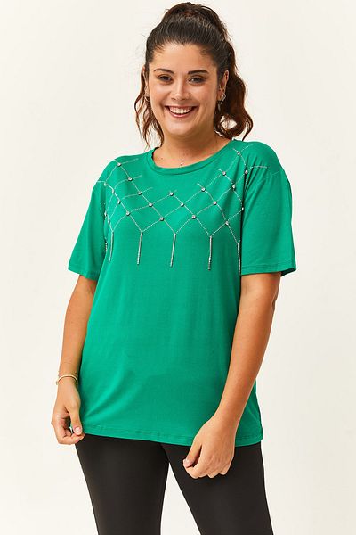 Ebsumu Γυναικεία Πράσινη Μπλούζα Plus Size Pearl Stone με στάμπα