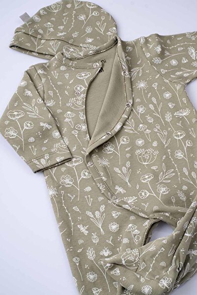 Boumini Baby Booties Jumpsuit Hat Set Spring Floral Khaki