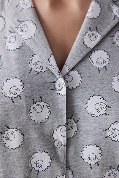 Penti Cute Sheeps Gri Düğmeli Gömlek Pantolon Pijama Takımı