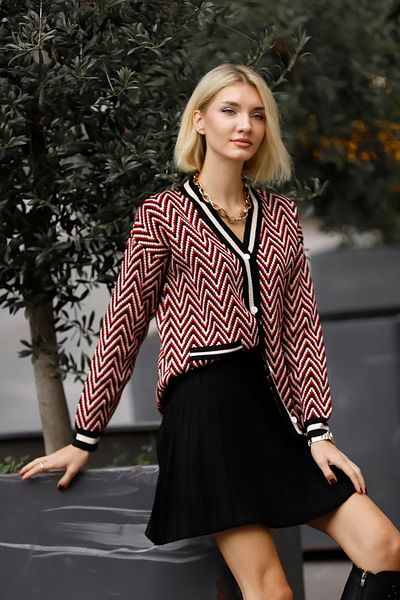 Threeco Zigzag Patterned Cardigan and Skirt Set