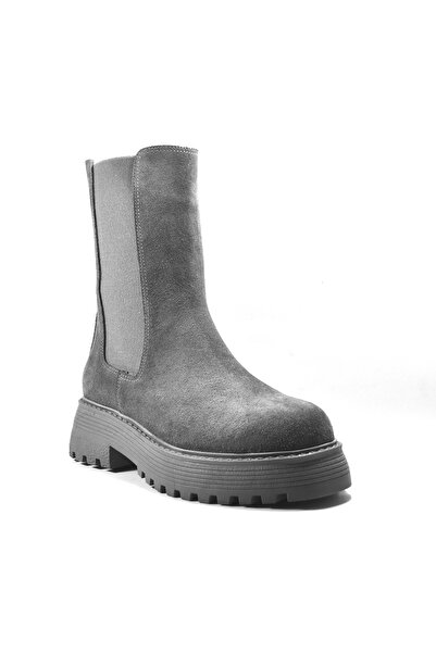 Onlo Ayakkabı Onlo Ayakkabı ER.332 Hakiki Deri Nubuk Gri Kalın Taban Kadın Bot