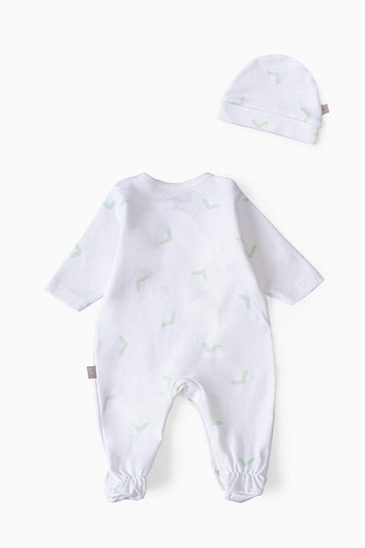 Boumini Baby Booties Jumpsuit Hat Set White Patterned