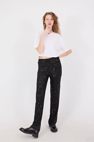 Addax Lined Elastic Waist Sequined Wide Leg Trousers Pn8228-E2