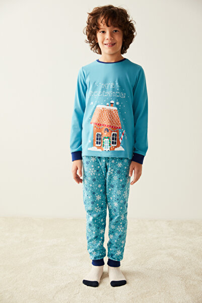 Penti Mavi Erkek Çocuk Snowtime Baskılı Pijama Takımı