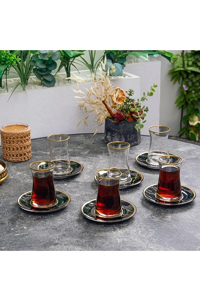 Anadolia طقم شاي مكون من 12 قطعة من الرخام الأسود