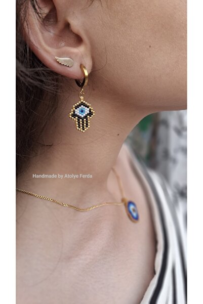 Atolye Ferda أقراط ميوكي مع شكل هامسا وجهاز فولاذي