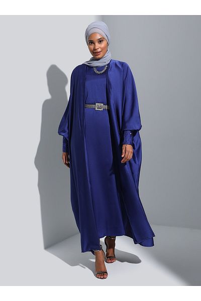 Refka Satin Dress&Ferace Double Evening Set with Stone Detail on the Sleeves - Navy Blue - Refka