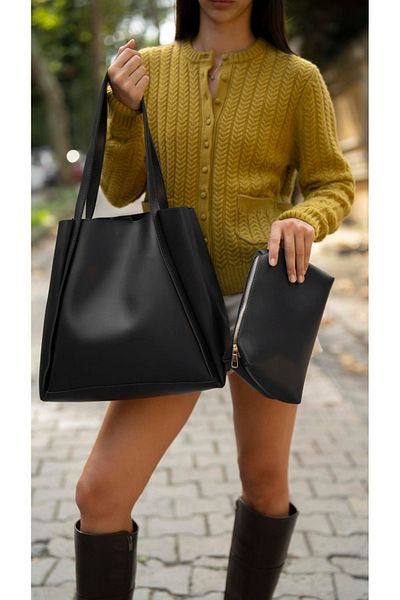 ARTON Black Foldable Magnet Closure Shopper Shoulder Bag with Puppy
