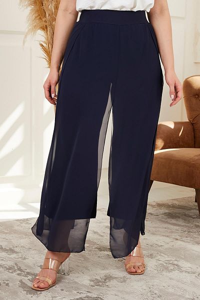 RMG Navy Blue Large Size Chiffon Trousers - Elastic Waist