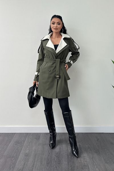 giyimmasalı Bondit Fabric Design Trench Coat - Khaki Green
