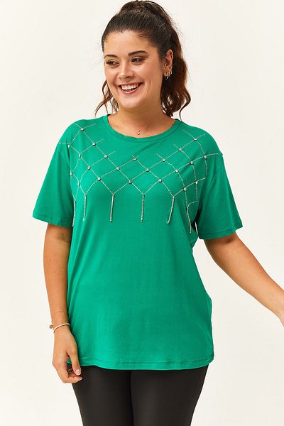 Ebsumu Γυναικεία Πράσινη Μπλούζα Plus Size Pearl Stone με στάμπα