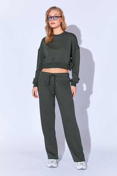 EDITION WOMAN Khaki Loose Cut Luxury Thick Three Thread Soft Textured Women's Trousers Ek 100689375