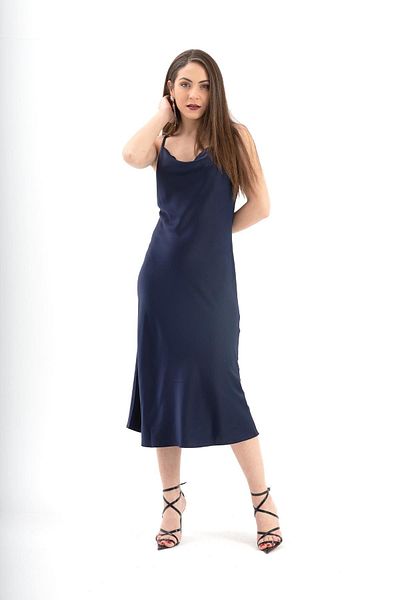 VAPUR TEKSTİL Μπλε Navy Satin Φόρεμα - Ρυθμιζόμενο λουράκι