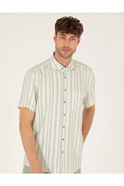 Pierre Cardin Açık Yeşil Keten Karışımlı Comfort Fit Kısa Kollu Gömlek 50269432-VR092