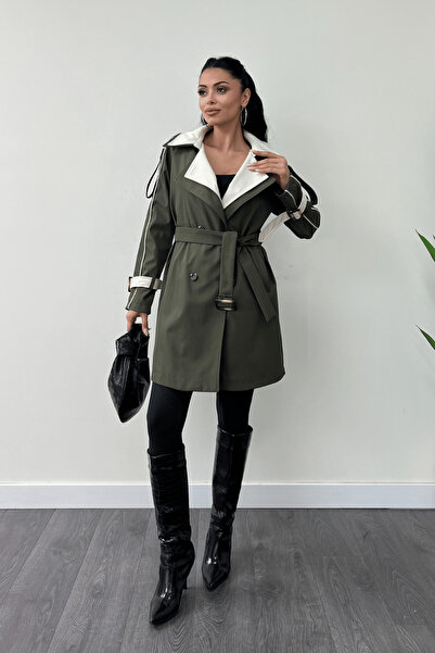 giyimmasalı Bondit Kumaş Tasarım Trençkot - HAKİ YEŞİLİ
