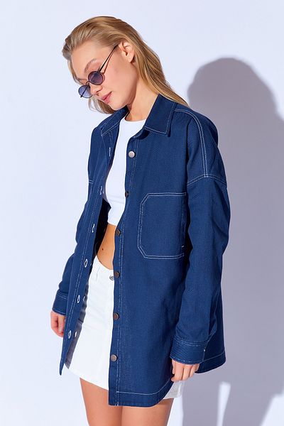 Manche Gabardine Washed Stitching Detailed Double Pocket Oversize Women's Outer Shirt |   Navy Blue Mkw 169415 -01