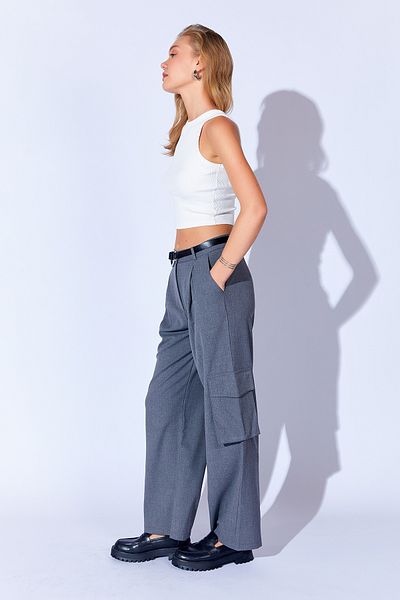 EDITION WOMAN Gray Melange Poly Viscose Lycra Soft Textured Palazzo Cut Women's Trousers with Cargo Pockets Ek 100669234