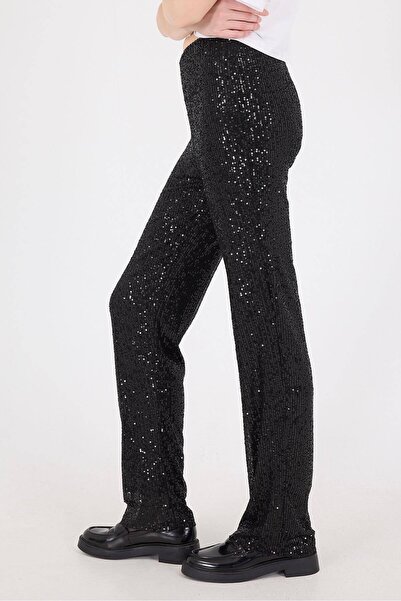 Addax Lined Elastic Waist Sequined Wide Leg Trousers Pn8228-E2