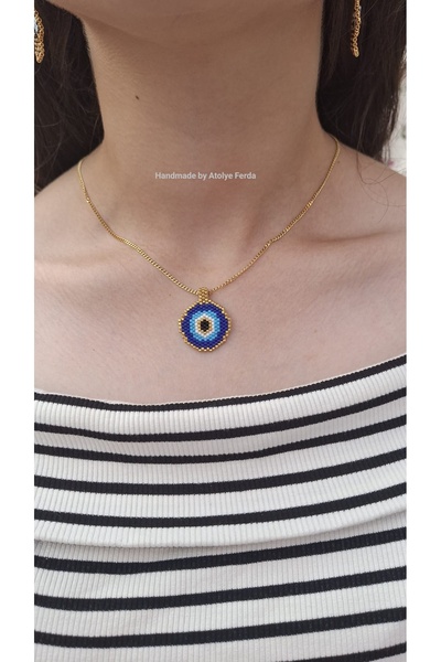 Atolye Ferda Çelik Zincirli Nazar Boncuğu Temalı Miyuki Kolye