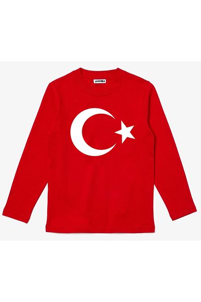 Efendioğlu Design Long Sleeve Moon-Star Flag Printed April 23 Printed Cotton Kids T-Shirt