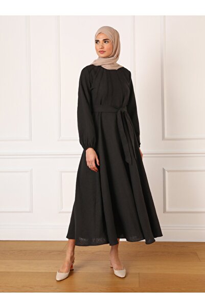 Refka Linen Look Belt Detailed Hijab Dress - Black - Refka