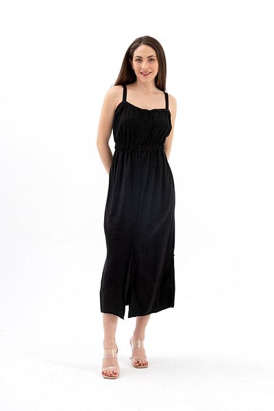 VAPUR TEKSTİL Black Linen Dress - Straps, Buttons and Slits