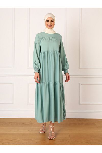 Refka Natural Fabric Hijab Dress with Gipe Detail on Sleeve Ends - Çağla - Refka