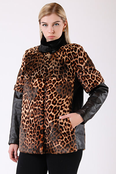 Leather Club Leopar Desenli Deri Garnili Kürk Kaban