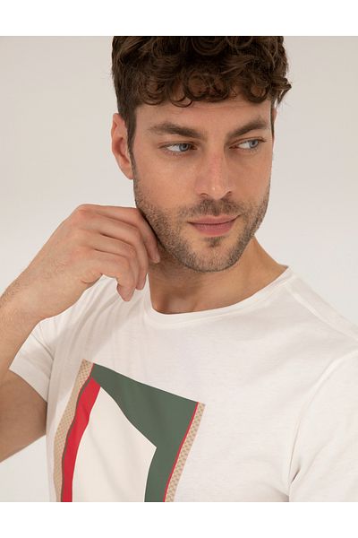Pierre Cardin Ecru Slim Fit εμπριμέ μπλουζάκι με λαιμόκοψη 50263922-VR019