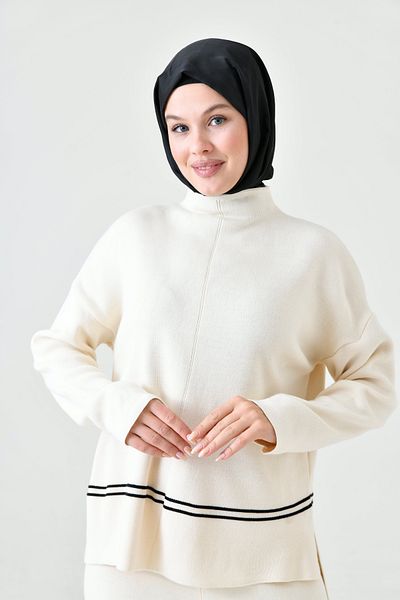 barış sülün lovebox Women's Stripe Detail Stand Collar Sweater and High Waist Wide Leg Trousers Cream Knitwear Hijab Suit 3040