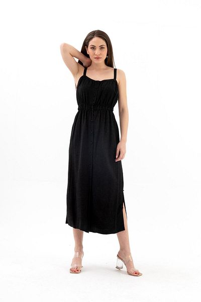 VAPUR TEKSTİL Black Linen Dress - Straps, Buttons and Slits