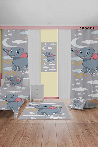 A2ZTR Baby Fil Gri Desenli Yatak Örtüsü, Perde Çift Taraf, Yastık, Kırlent, Halı Ve Tablo