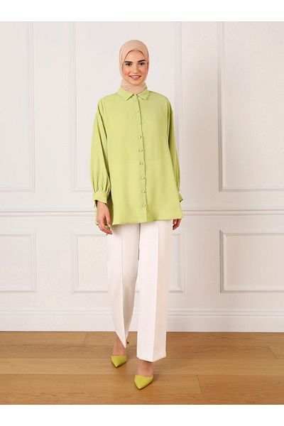 Refka Pistachio Green Silk Button Oversize Tunic