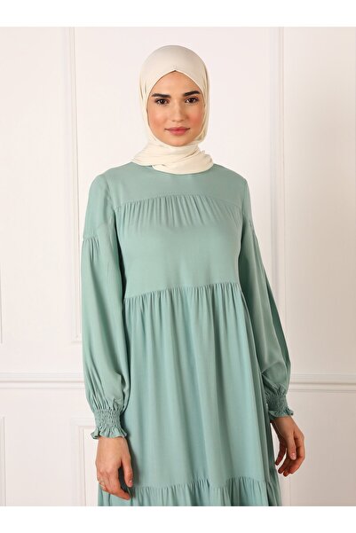 Refka Natural Fabric Hijab Dress with Gipe Detail on Sleeve Ends - Çağla - Refka