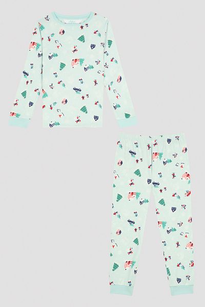 Penti Set de pijamale termice unisex verde deschis pentru copii cu tematică de iarnă